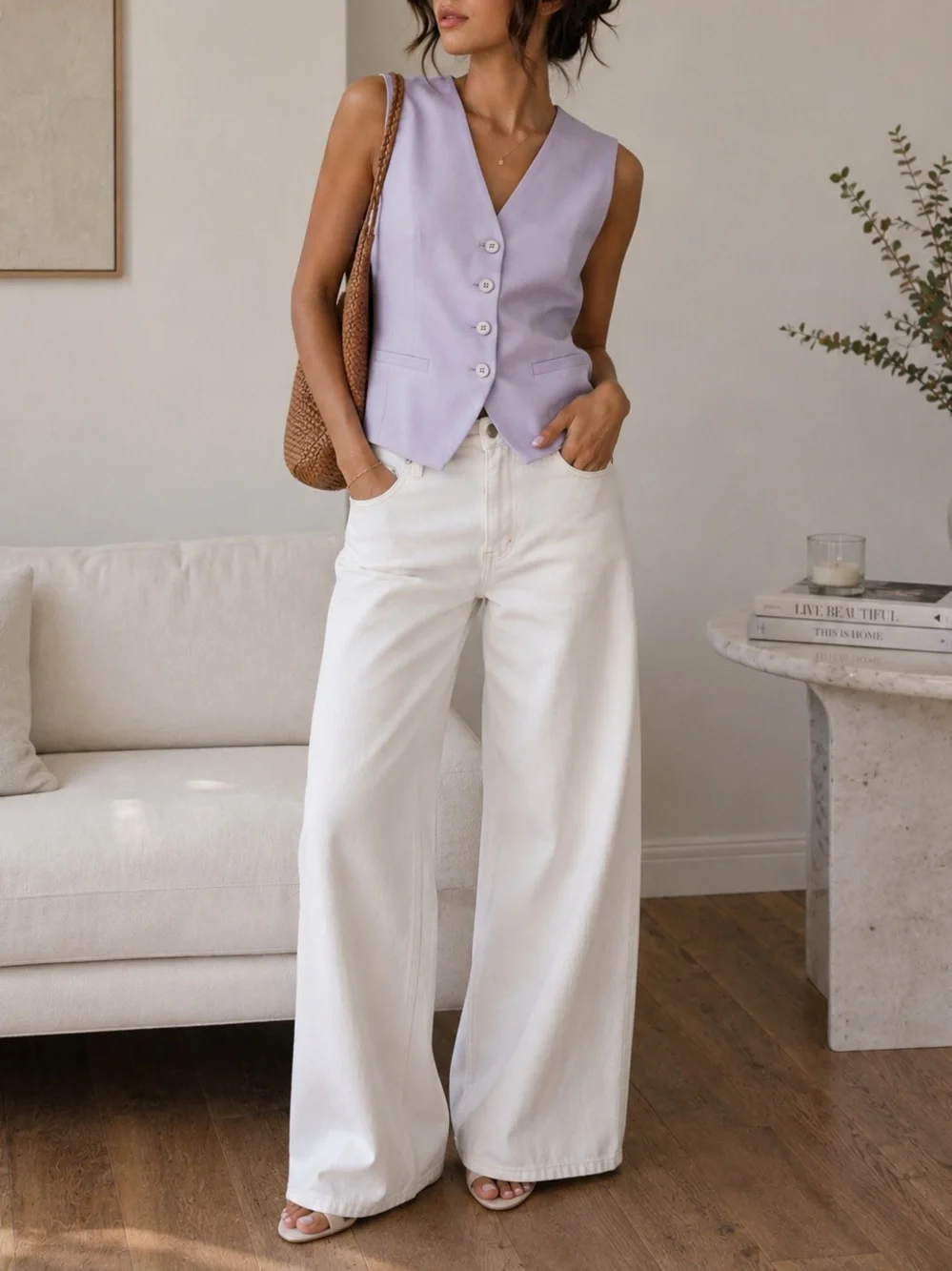 Sleeveless V-Neck Lavender Vest